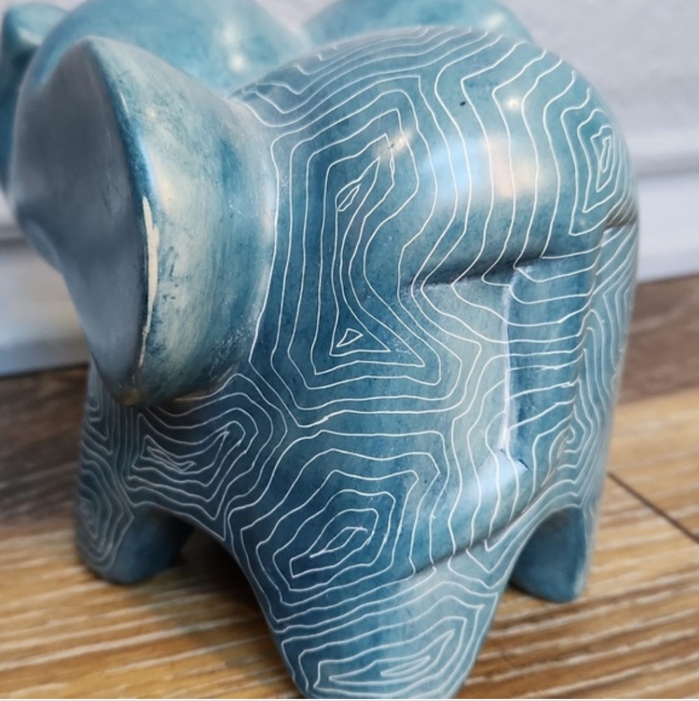Afrikiko Soapstone Elephant Teal Blue Green White Abstract Circles - Picture 4 of 15